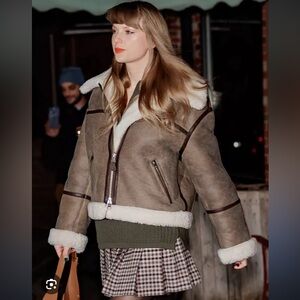 LOFT Crackle Faux Suede Sherpa Aviator Jacket